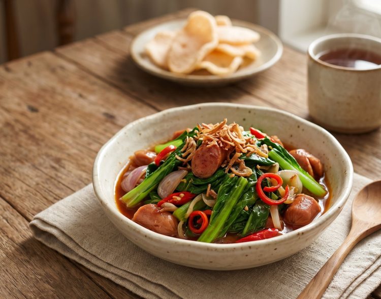 Cuma punya waktu 10 menit tapi ingin masak sayur? Coba resep tumis sawi hijau sosis pedas manis, yuk!