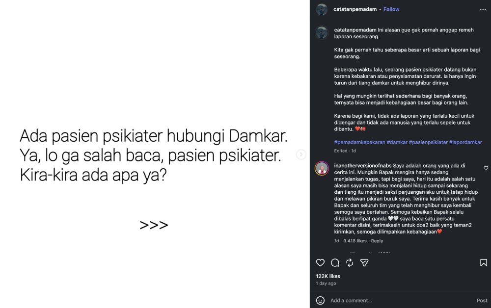 Pasien psikiater minta meluncur di tiang kantor Damkar: Terima kasih, hati saya sedikit hidup lagi
