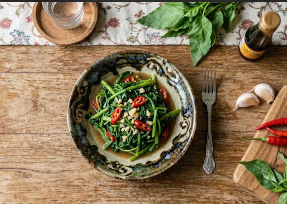 Resep tumis kangkung nan kriuk-kriuk renyah dan warnanya hijau, siap saji dalam 5 menit
