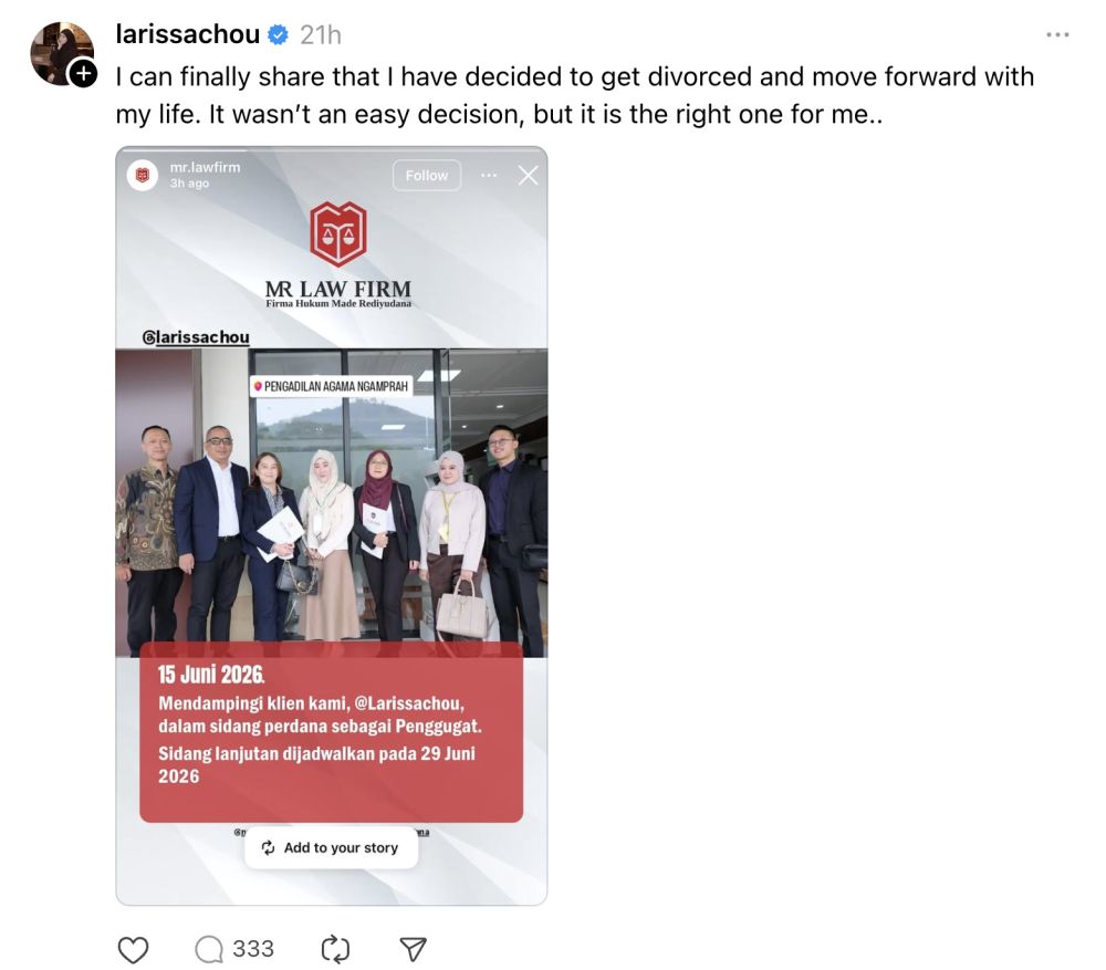 Tiga tahun menikah, Larissa Chou resmi gugat cerai Ikram Rosadi di Pengadilan Agama Bandung Barat