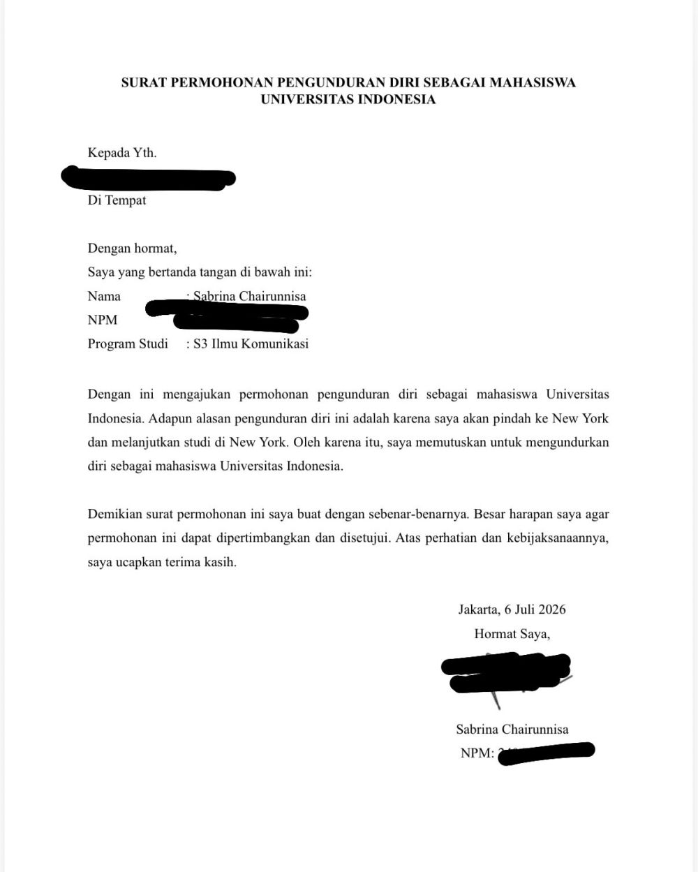 Isi surat pengunduran diri dari kampus Sabrina Chairunnisa, terungkap alasan sudahi kuliah S3 di UI