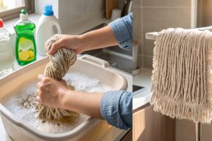 Cara mencuci kain pel yang berminyak setelah mengepel dapur, cukup pakai tambahan 1 bahan dapur