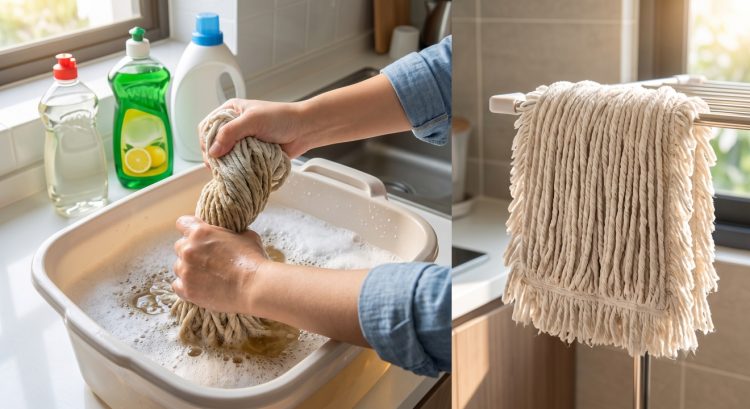 Cara mencuci kain pel yang berminyak setelah mengepel dapur, cukup pakai tambahan 1 bahan dapur