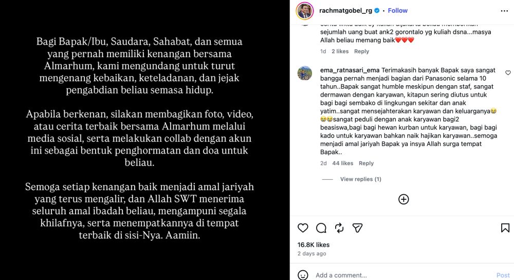 Kisah-kisah haru di balik kepergian bos Panasonic Rachmat Gobel, penjual pisang terisak saksi kebaikan