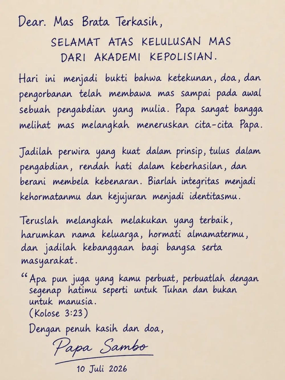 Resmi menyandang pangkat Ipda, Tribrata putra Ferdy Sambo terima pesan haru dari sang ayah