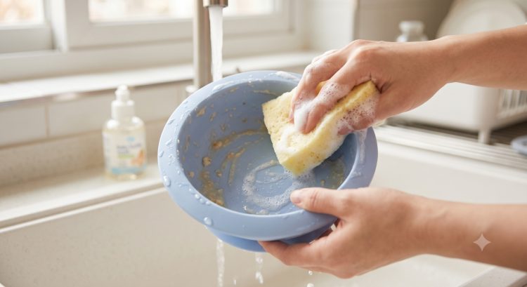 Cara mencuci mangkuk silikon bayi yang terasa licin akibat lemak makanan tanpa menggosok terlalu keras