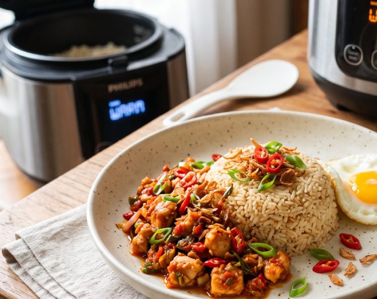 Resep nasi gurih ayam pedas masak pakai rice cooker yang lezat, tinggal pencet cook langsung jadi