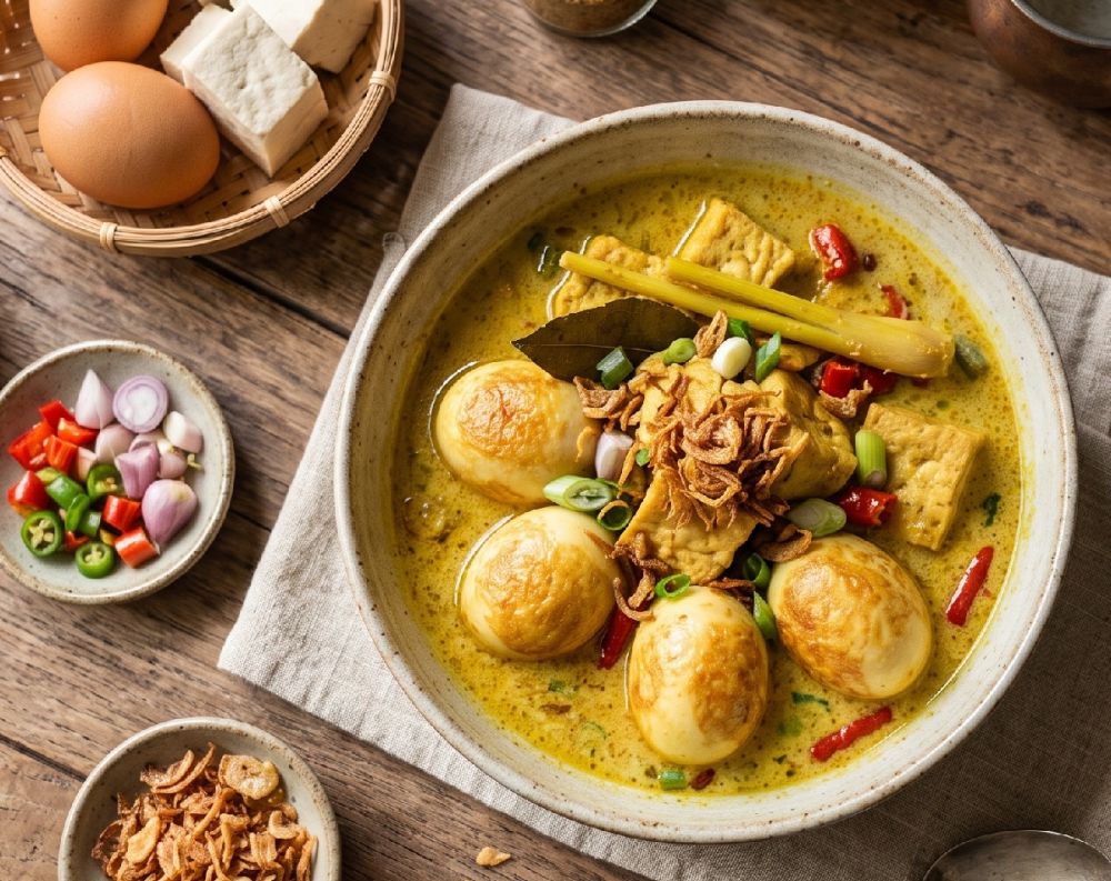 Bahan di lemari es menipis? Yuk coba resep telur tahu ramuan kuning kuah santan, lezat & bikinnya gampang
