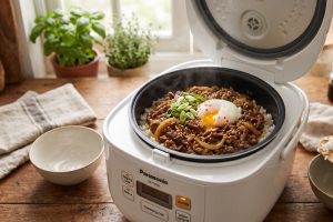 Resep nasi beef ala Yoshinoya pakai rice cooker yang tinggal cemplung saja, lezatnya praktis