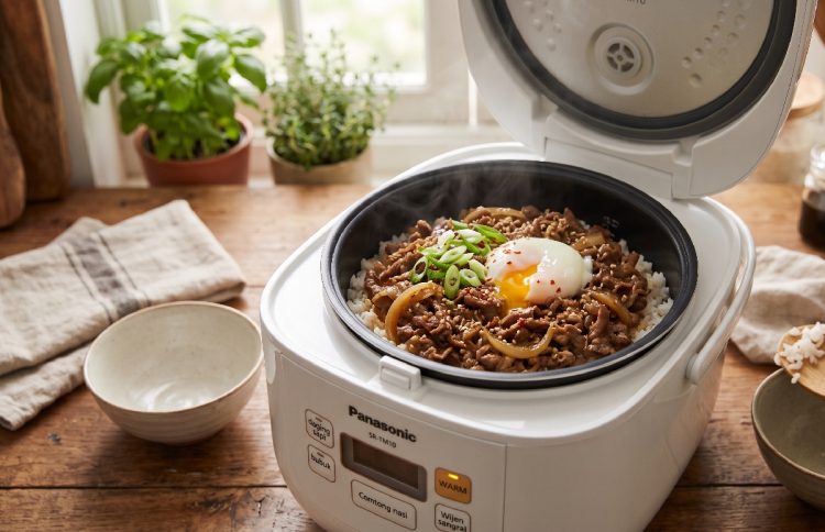 Resep nasi beef ala Yoshinoya pakai rice cooker yang tinggal cemplung saja, lezatnya praktis
