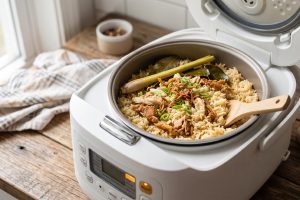 Punya ayam goreng tepung sisa semalam? Yuk buat nasi gurih suwir ayam cuma pakai rice cooker