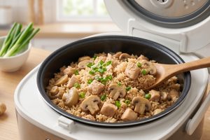 Resep nasi ayam jamur rice cooker tanpa tumis, semua bahan masuk sekaligus, gurih dan praktis