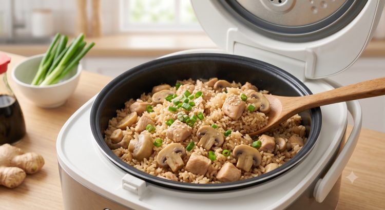 Resep nasi ayam jamur rice cooker tanpa tumis, semua bahan masuk sekaligus, gurih dan praktis