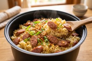 Resep nasi sosis mentega rice cooker, semua bahan masuk sekaligus, rasa sedap maksimal