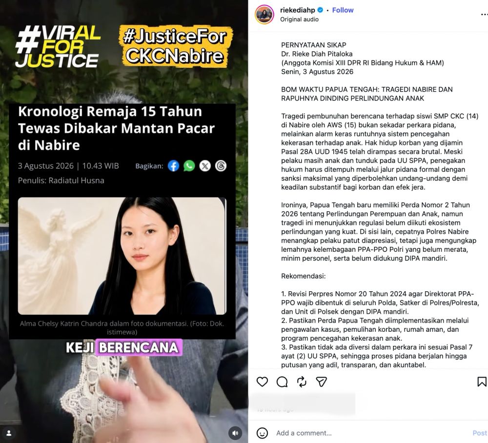 Siswi SMP dibunuh mantan pacar seumuran di Nabire, Rieke Diah Pitaloka desak hukuman pidana maksimal
