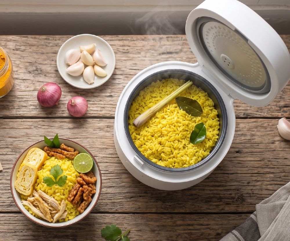 Cara membuat nasi kuning tanpa santan di rice cooker, tetap wangi & pulen dan tahan lama
