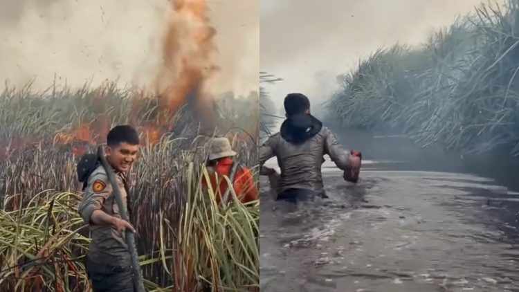 Aksi anggota Sabhara padamkan karhutla Kalimantan, rela terobos parit ambil air