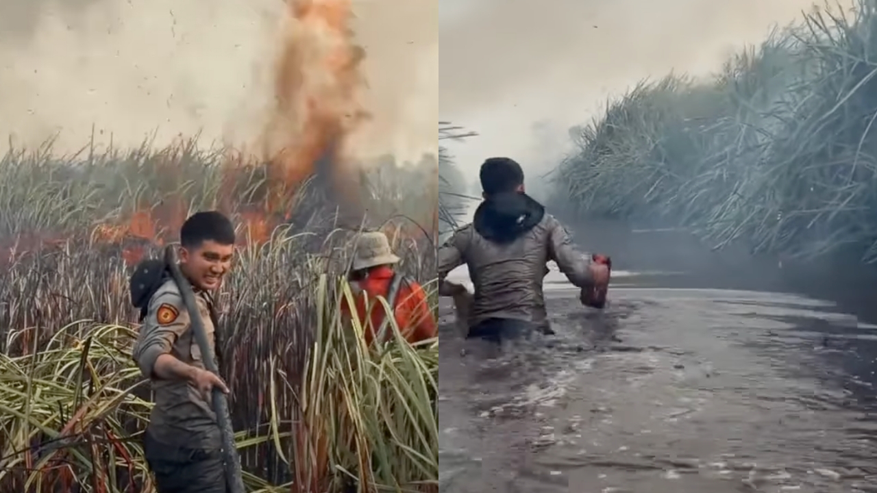 Aksi anggota Sabhara padamkan karhutla Kalimantan, rela terobos parit ambil air