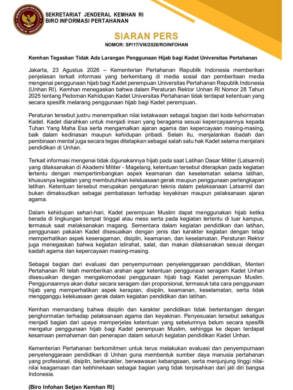 Kronologi Wafa Ahdina mundur dari Unhan setelah diminta lepas hijab, Kemhan beri klarifikasi
