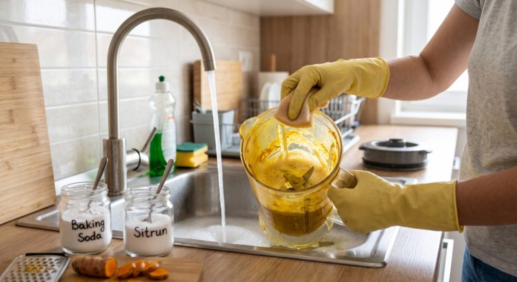 Blender kuning bekas kunyit susah hilang? Coba cara ini dengan baking soda dan sitrun