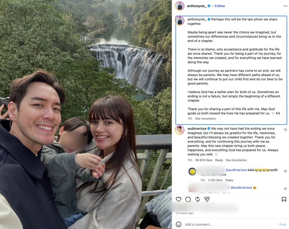 Jelang sidang cerai, Anthony Xie dan Audi Marissa kompak unggah foto keluarga, tulis pesan perpisahan