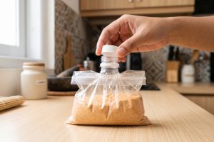 Potong leher botol plastik bekas beserta tutupnya: Trik bikin bungkusan bumbu dapur auto kedap udara