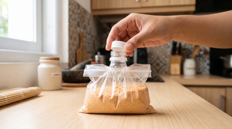 Potong leher botol plastik bekas beserta tutupnya: Trik bikin bungkusan bumbu dapur auto kedap udara