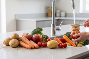 Sayur & buah terkena debu kering tebal? Sikat halus dulu sebelum kena air biar tak jadi lumpur lengket