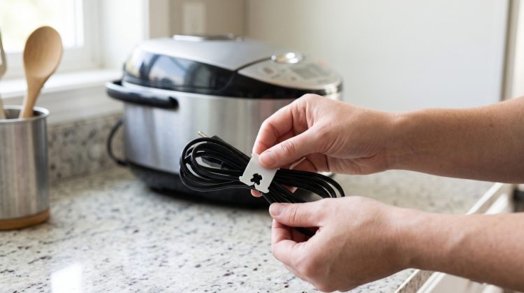 Klip bekas bungkus roti bisa dipakai untuk merapikan kabel rice cooker dan peralatan dapur