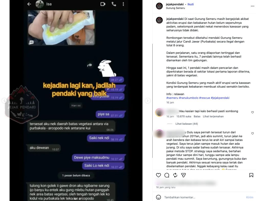 8 Pendaki masuk Gunung Semeru via jalur ilegal, 1 orang tersesat sempat kirim WA minta dicari