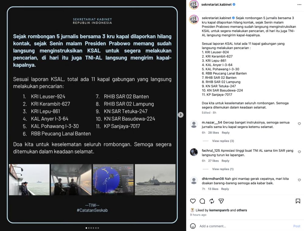 Prabowo perintahkan pencarian 8 orang hilang kontak sejak awal dapat kabar, 11 kapal dikerahkan