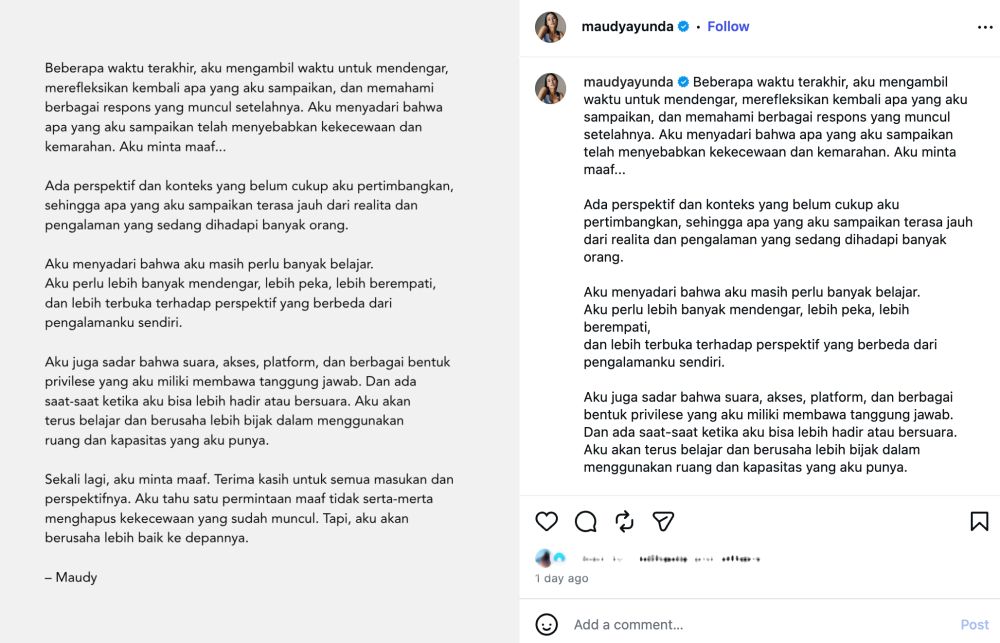 Isi permintaan maaf Maudy Ayunda pasca konten cara menghadapi berita buruk dicap wujud ketidakpekaan 