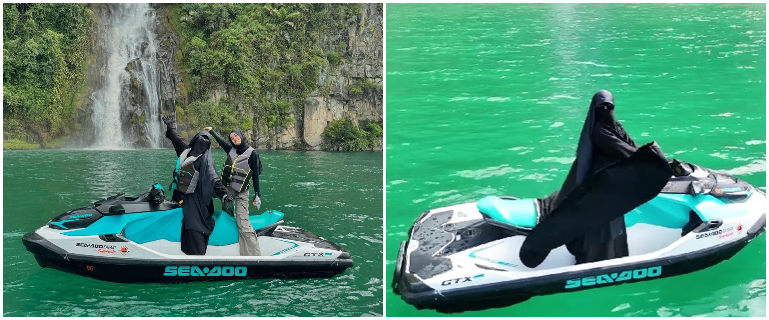 9 Potret aksi Umi Pipik bercadar tapi tetap lincah ngebut naik jet ski di Danau Toba ini bikin kagum