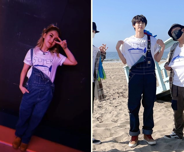 7 Momen seleb kembaran baju dengan member BTS, Luna Maya tiru RM BTS
