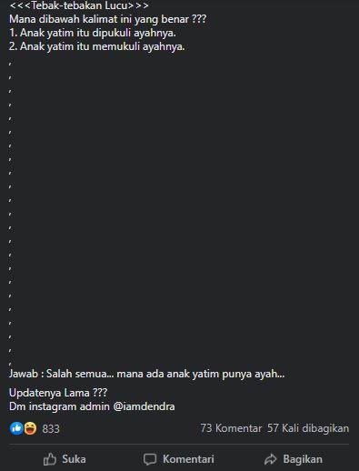 Tebak-tebakan lucu di status Facebook © berbagai sumber Tebak-tebakan lucu di status Facebook © berbagai sumber