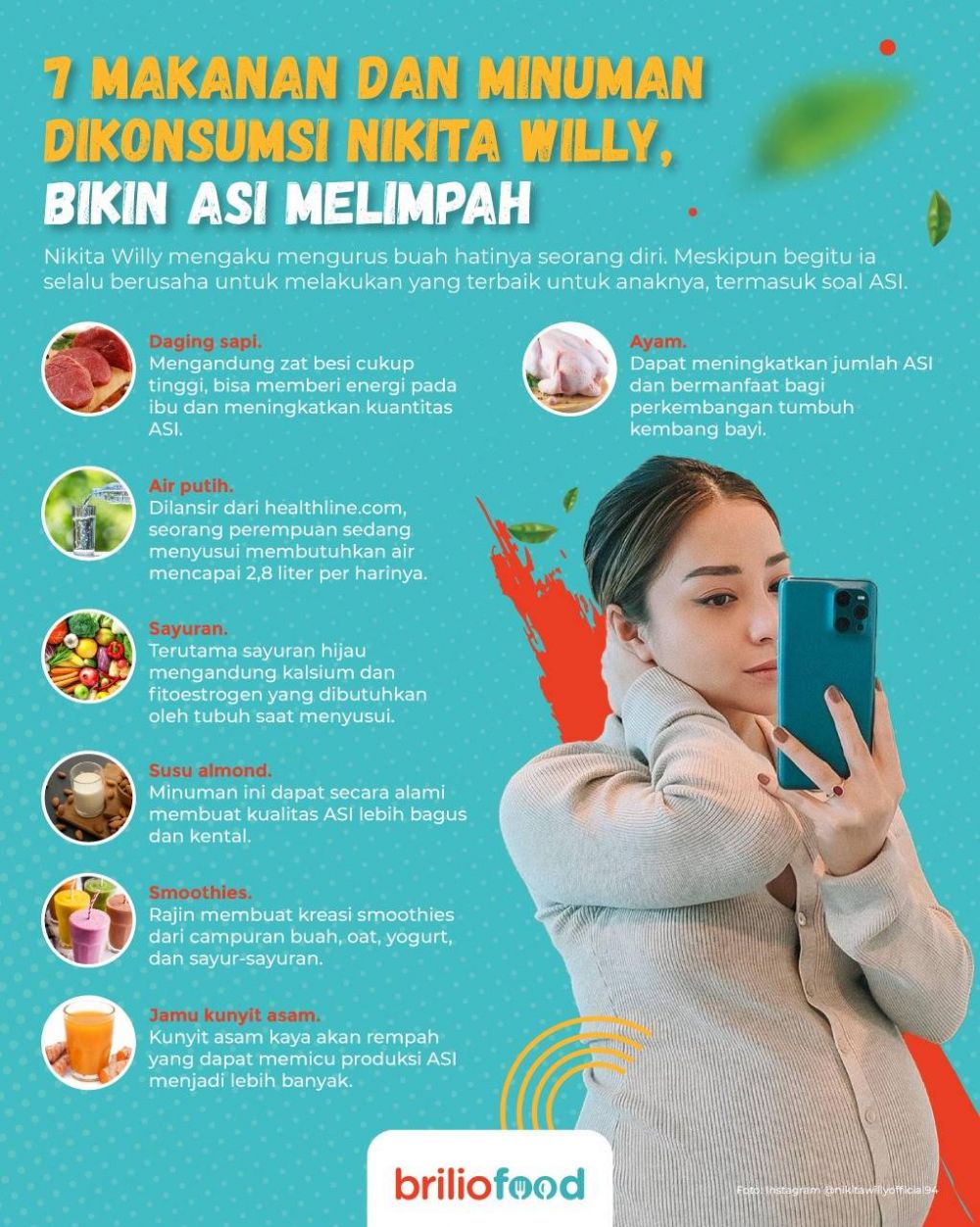 11 Makanan dan minuman dikonsumsi Nikita Willy, bikin ASI melimpah