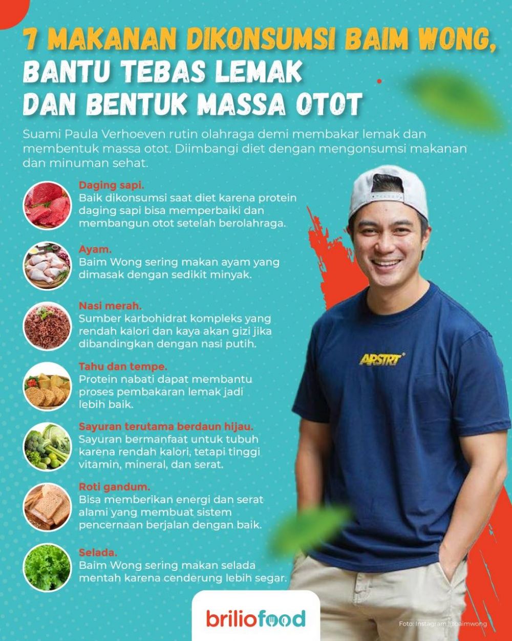 10 Makanan dikonsumsi Baim Wong, bantu tebas lemak & bentuk massa otot