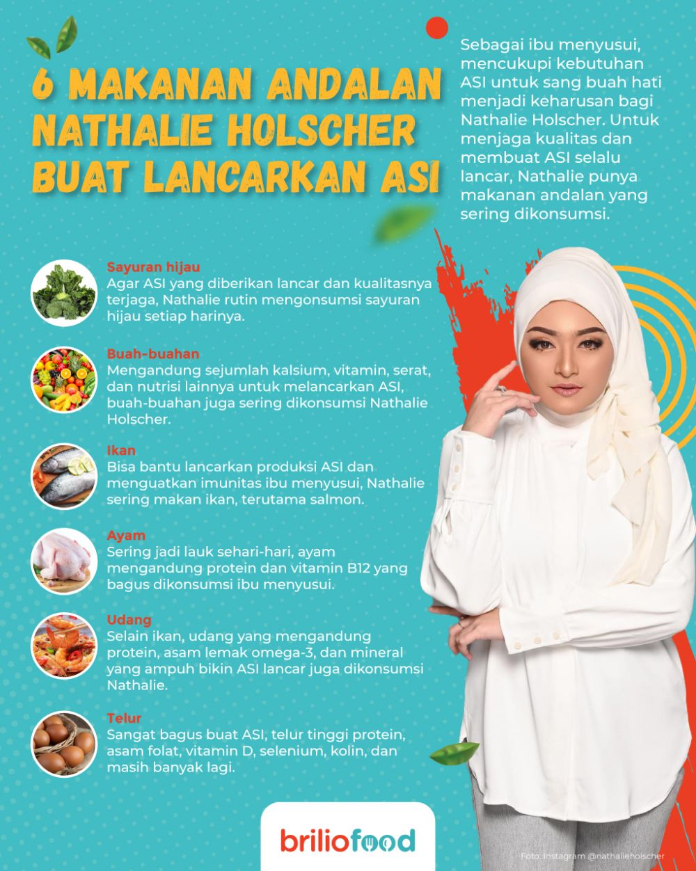 10 Makanan sehat dikonsumsi Nathalie Holscher, bikin ASI selalu lancar