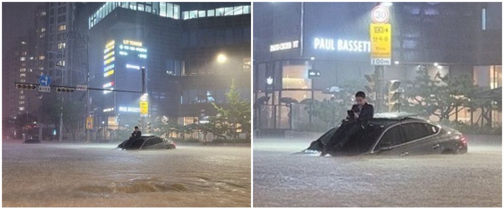Aksi pria selfie di tengah banjir Seoul Korea Selatan, warganet heboh