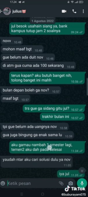 Viral chat wanita tagih utang ke temannya © TikTok