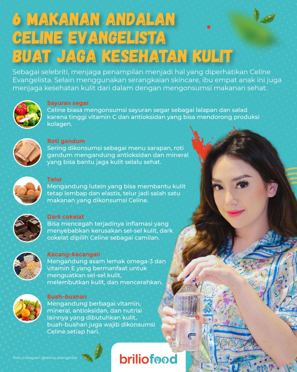 10 Makanan dan minuman dikonsumsi Celine Evangelista, jaga kulit sehat