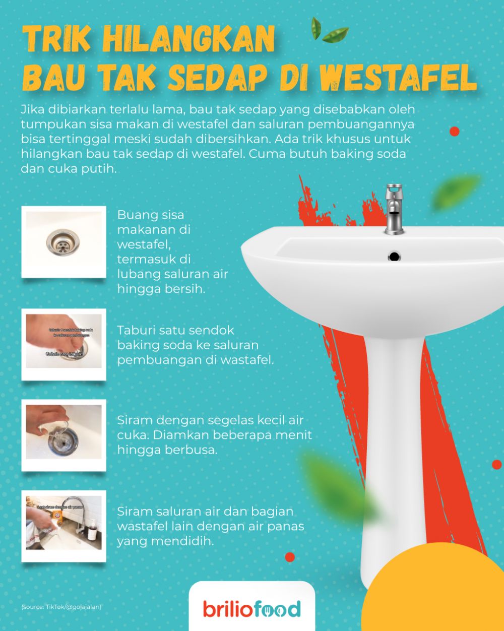Trik hilangkan bau tak sedap di wastafel, cuma pakai 2 bahan dapur