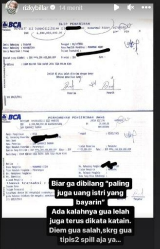 rizky billar unggah bukti transfer © instagram rizky billar unggah bukti transfer © instagram