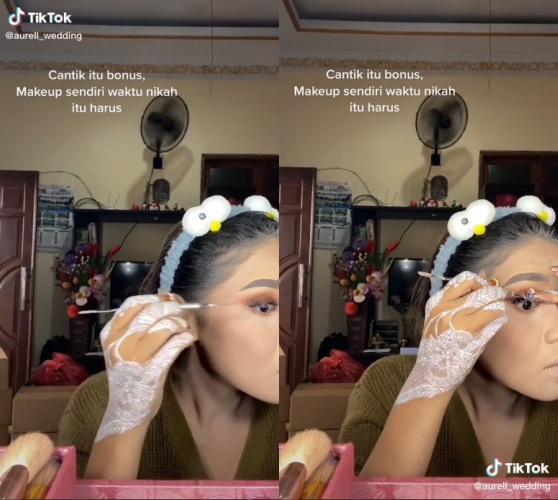 wanita rias wajah sendiri jadi pengantin Sunda © TikTok