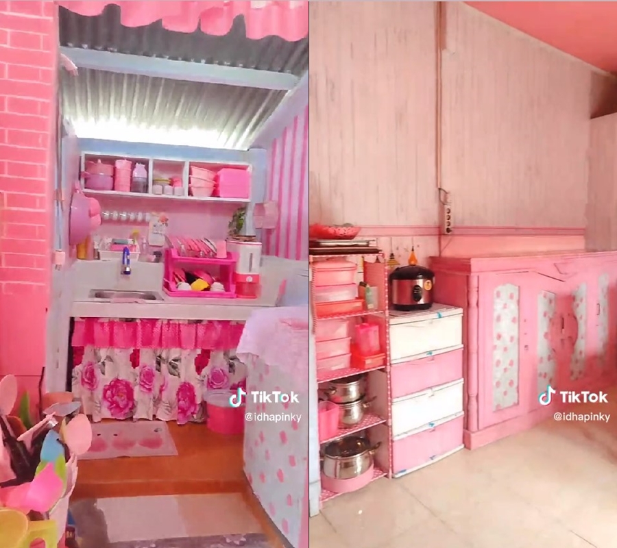 Makeover dapur berdinding kayu jadi estetik serba pink, bukti nyaman tak perlu mewah
