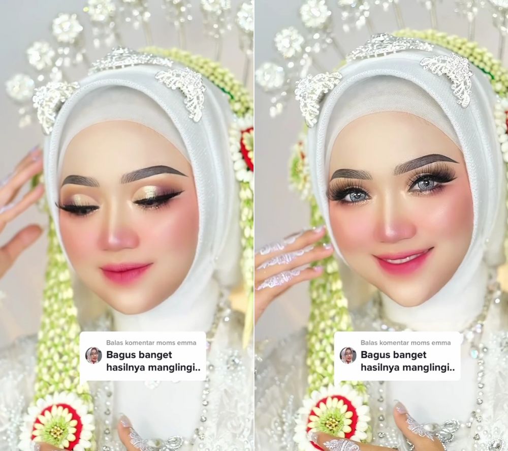 Potret pengantin kulit sawo matang dirias MUA dengan look Barbie, wajah mulus alis simetris