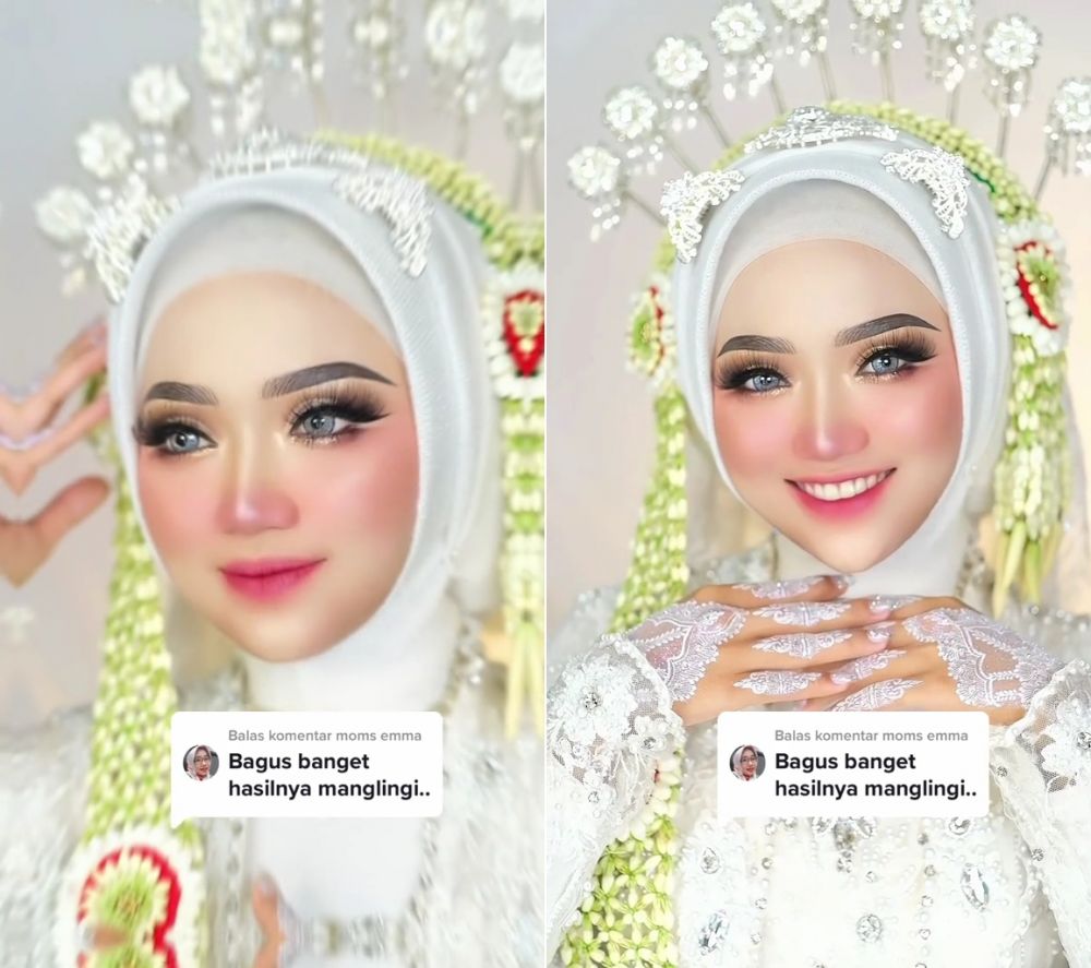 Potret pengantin kulit sawo matang dirias MUA dengan look Barbie, wajah mulus alis simetris