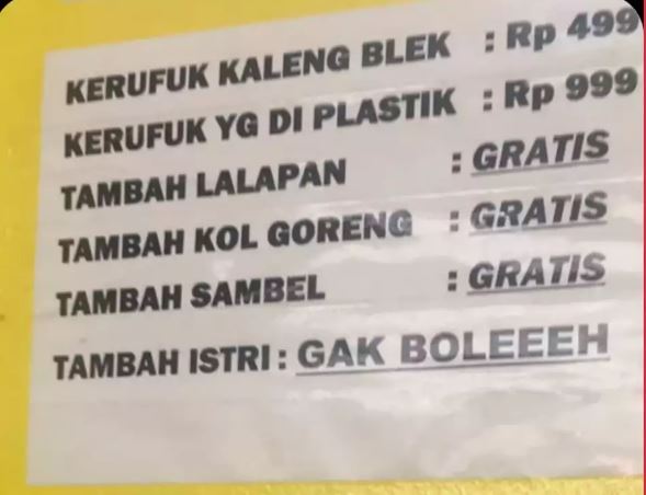 Tulisan nyeleneh di daftar harga makanan Berbagai sumber Tulisan nyeleneh di daftar harga makanan Berbagai sumber
