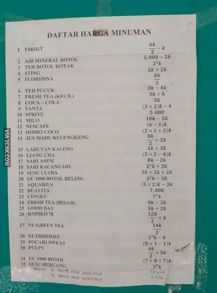Tulisan nyeleneh di daftar harga makanan Berbagai sumber