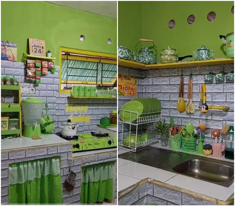 Dapur hijau sederhana tanpa kitchen set mahal ini rapinya memanjakan mata, bikin semangat masak